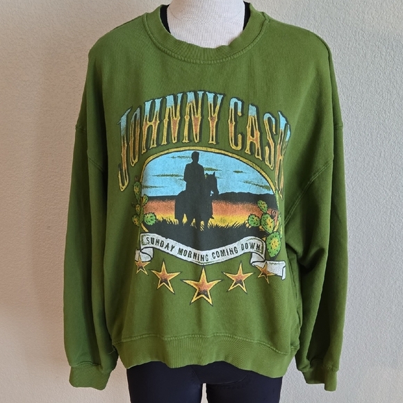 Daydreamer Sweaters - Daydreamer JOHNNY CASH Green Crewneck Sweater with Graphic Print